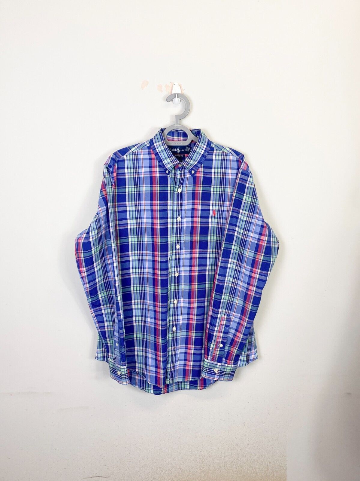 Ralph Lauren Shirt Mens Medium Blue Plaid Custom Fit Small Red Polo Pony Logo