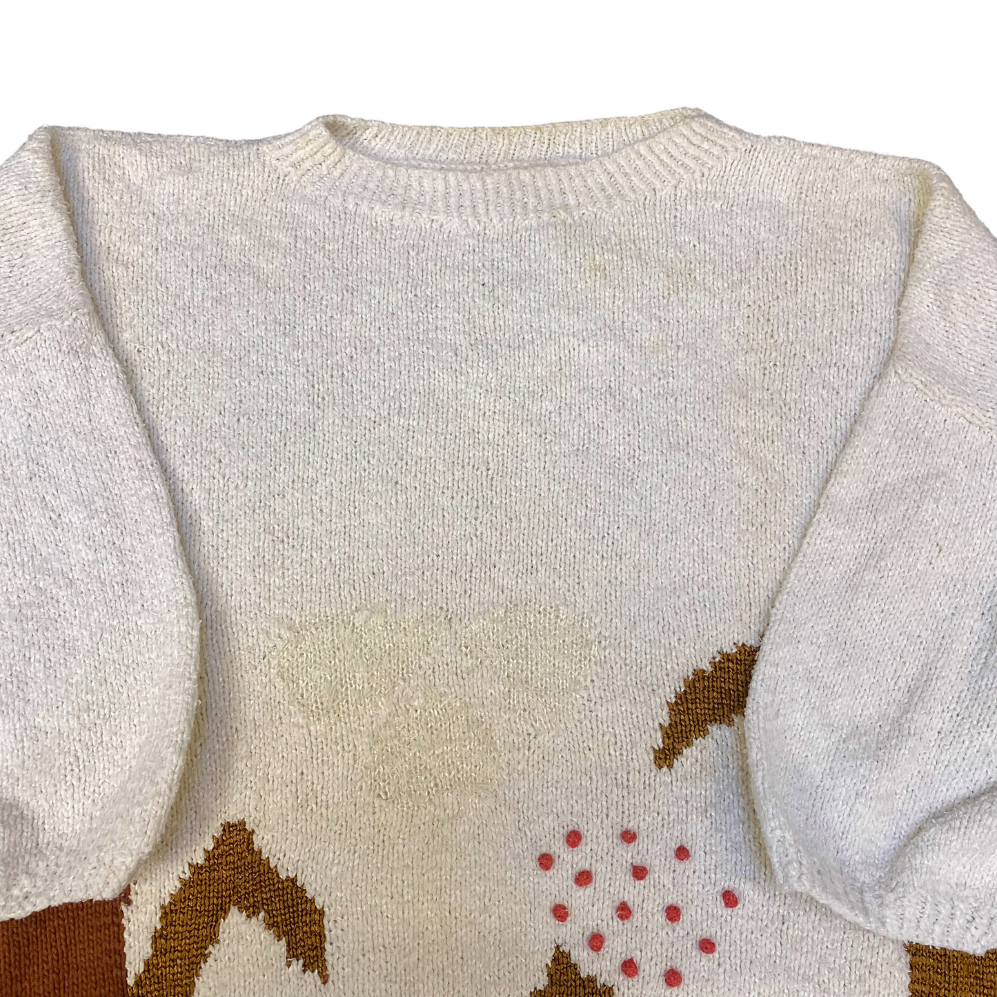 Jumper Womens Large White Brown Knitted Casual 3/4 Sleeve Crew Neck Pullover