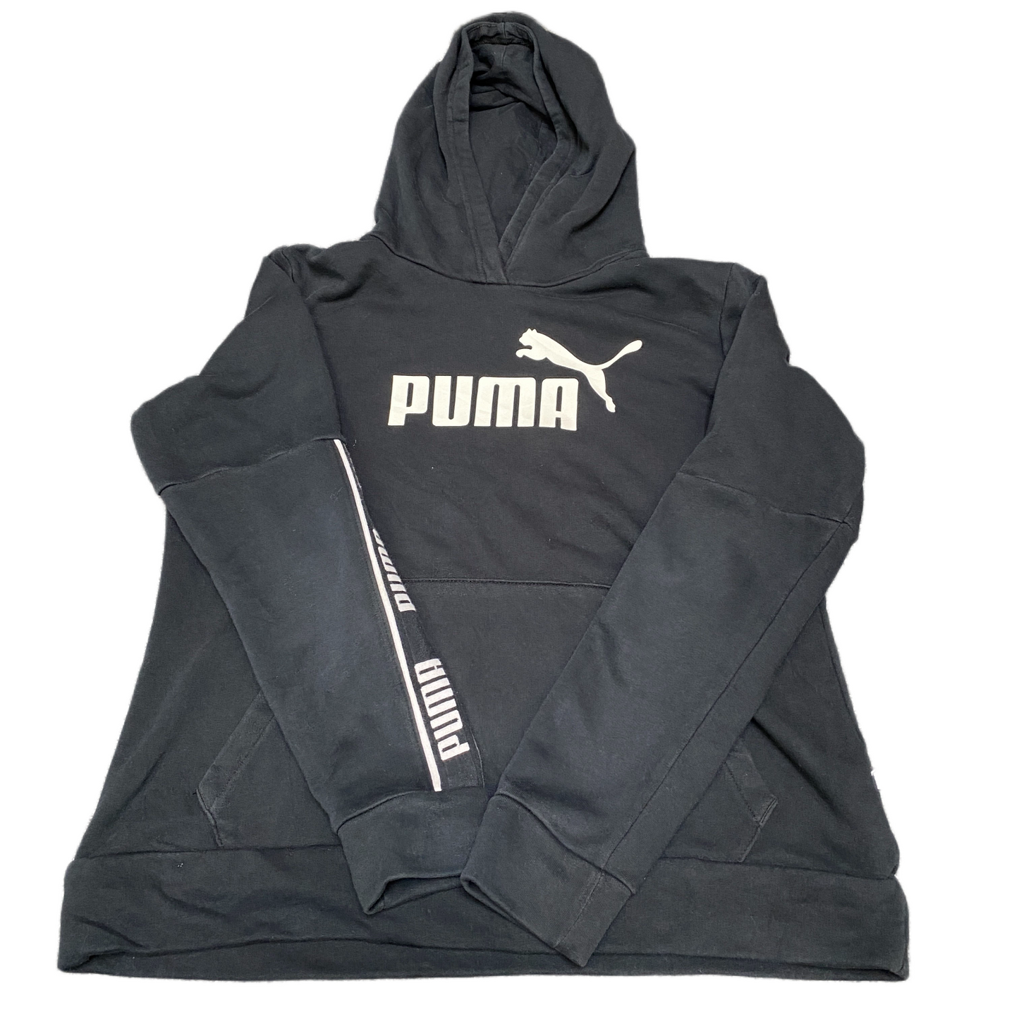 PUMA Essential Hoodie Womens Medium Black White Logo Graphic Pullover Sweatshirt