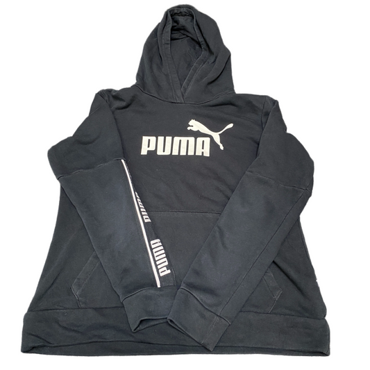 PUMA Essential Hoodie Womens Medium Black White Logo Graphic Pullover Sweatshirt