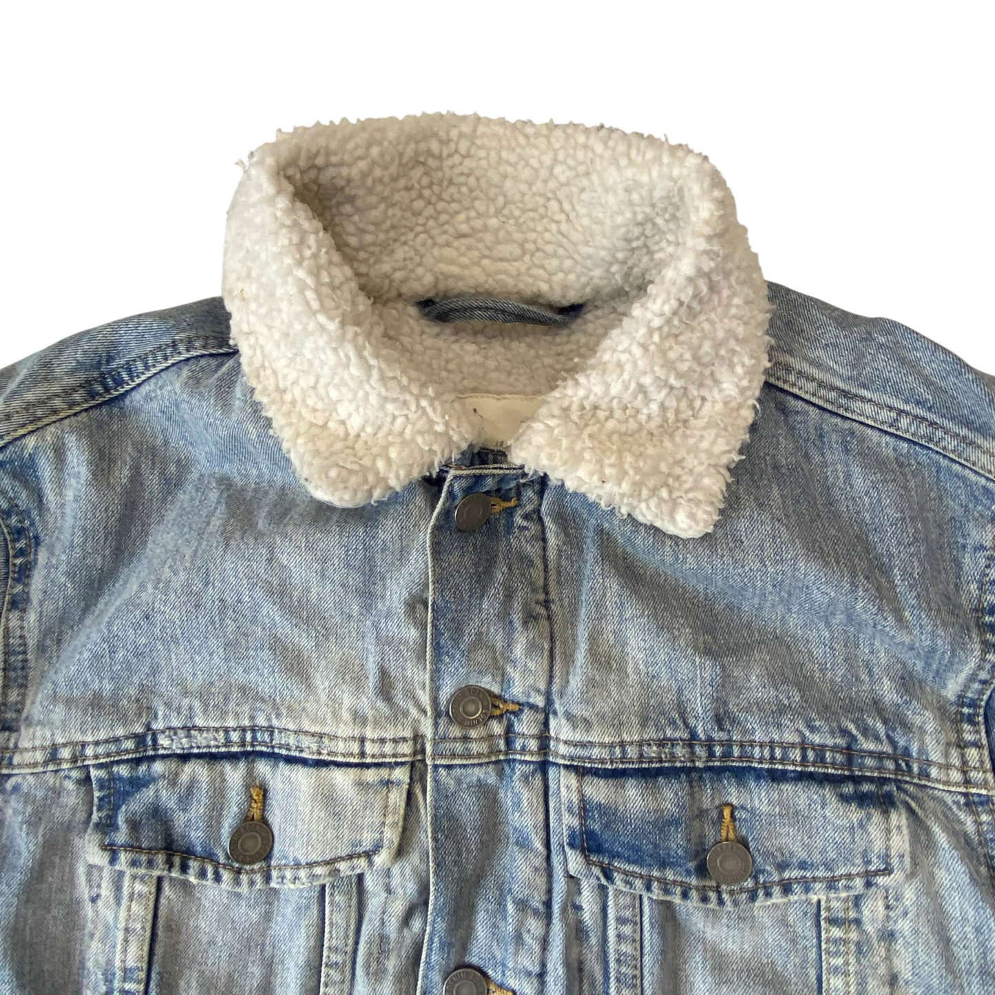 H&M Trucker Jacket Mens Small Blue Denim Sherpa Lined Long Sleeve Collar Button