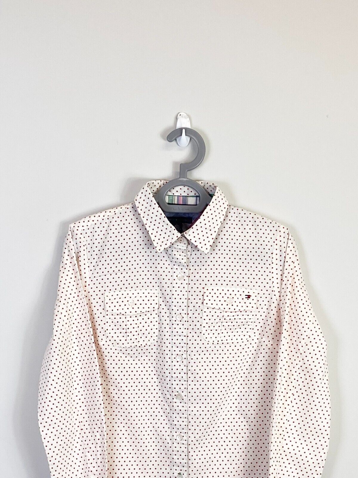 Tommy Hilfiger Shirt Women XS White Red Polka Dot Detailed Pockets Button Down