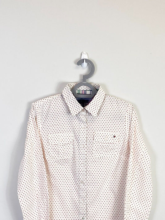 Tommy Hilfiger Shirt Women XS White Red Polka Dot Detailed Pockets Button Down