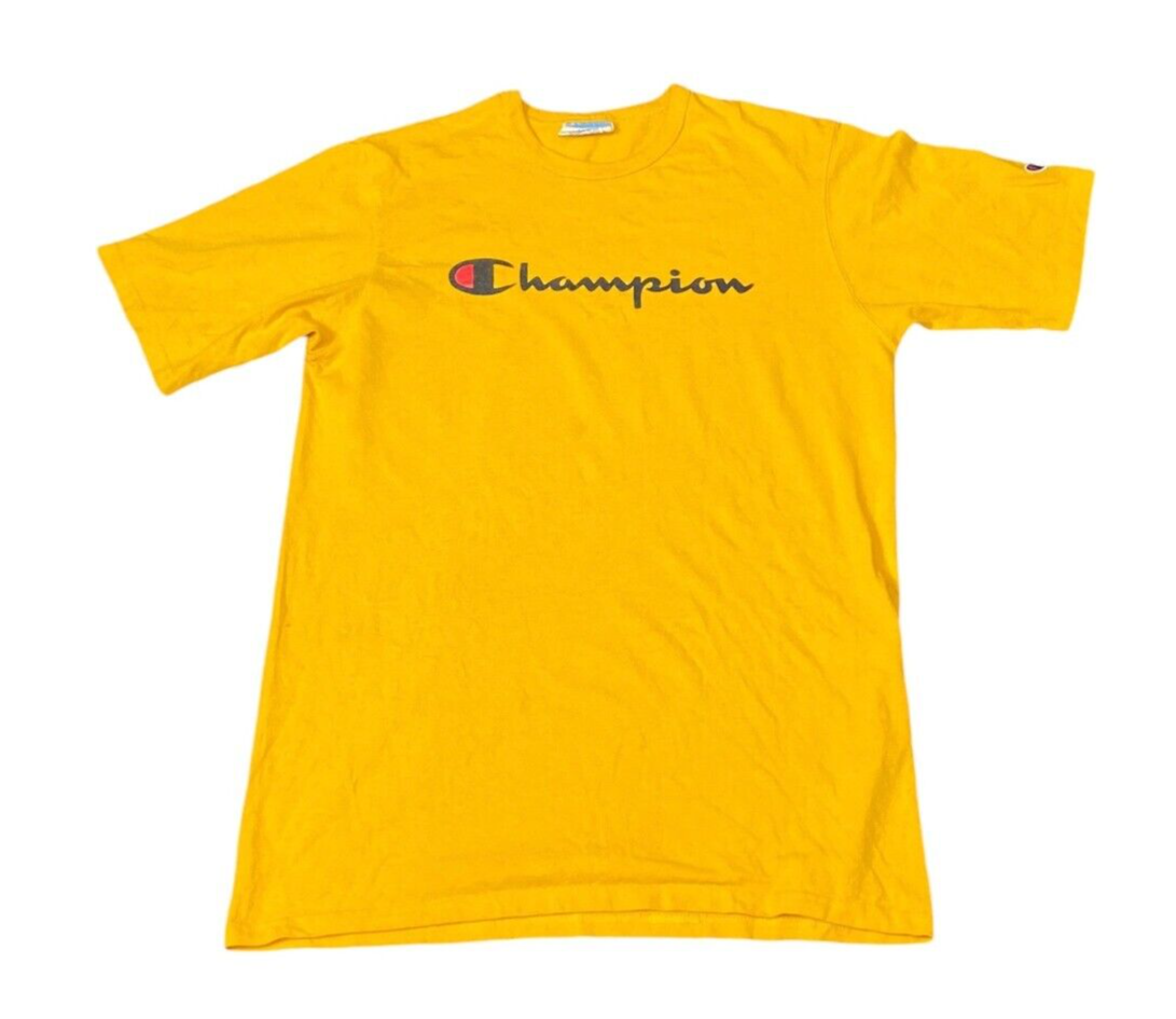 Champion T-Shirt Women's Large Yellow Logo Crew Neck Short Sleeve Pullover Tee