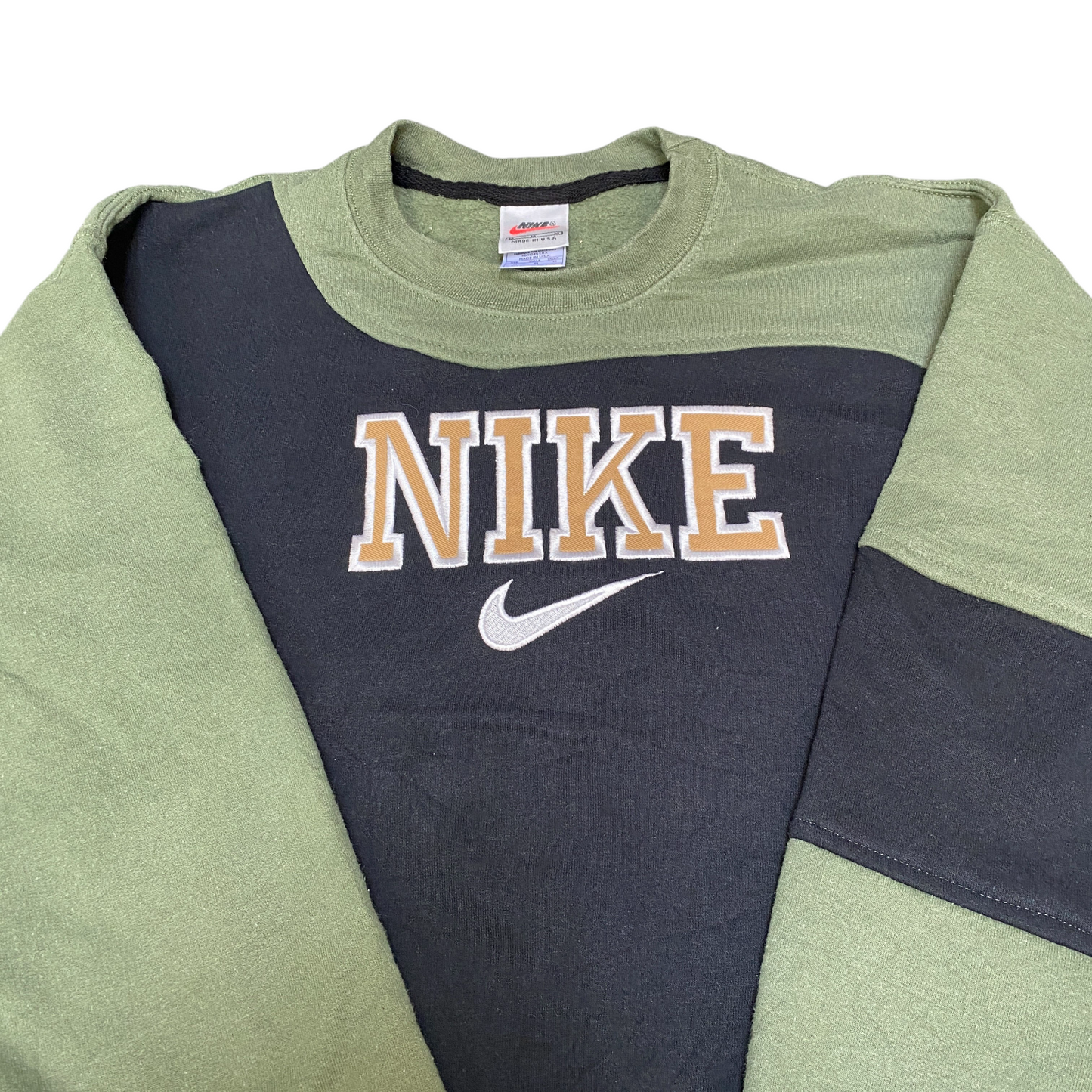 Nike Reworked Sweatshirt Men M Green Black Embroidered Spellout Logo Vintage Y2K