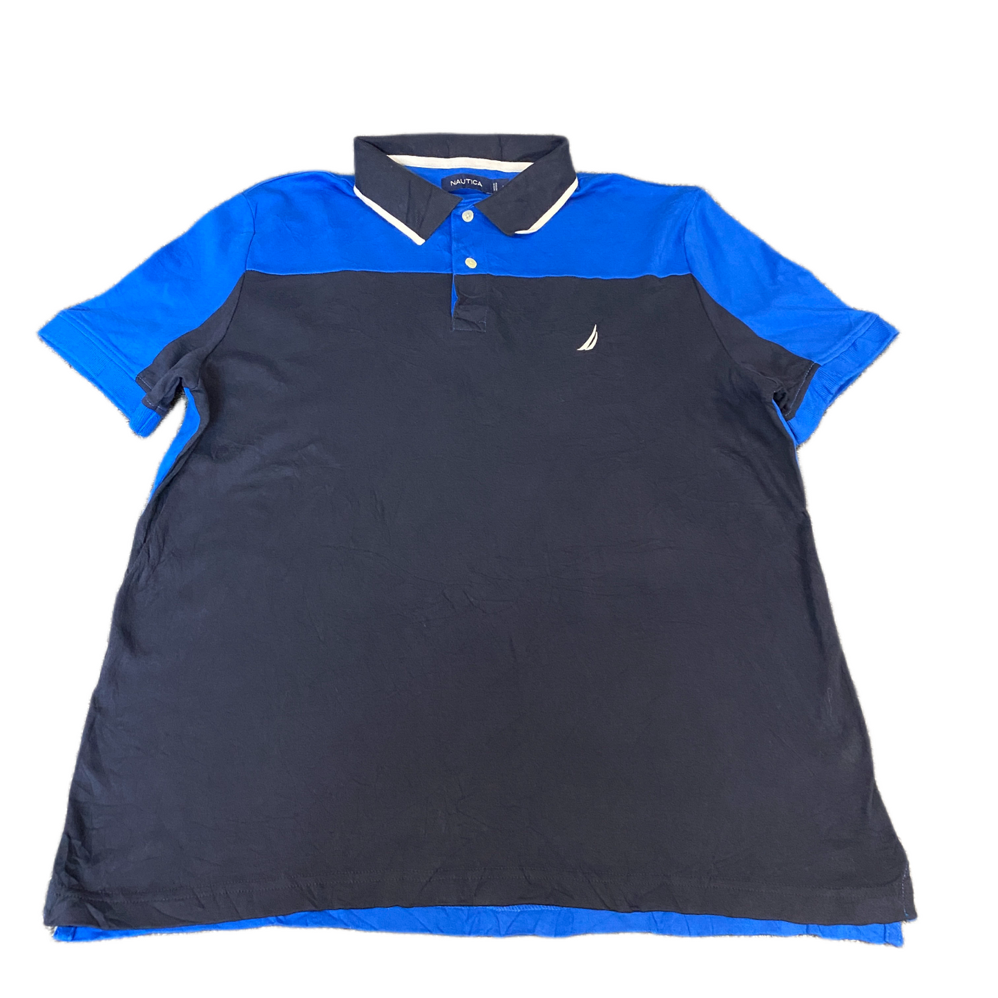 Nautica Polo Shirt Mens Large Black Blue Side Slit Short Sleeve Collared Popover