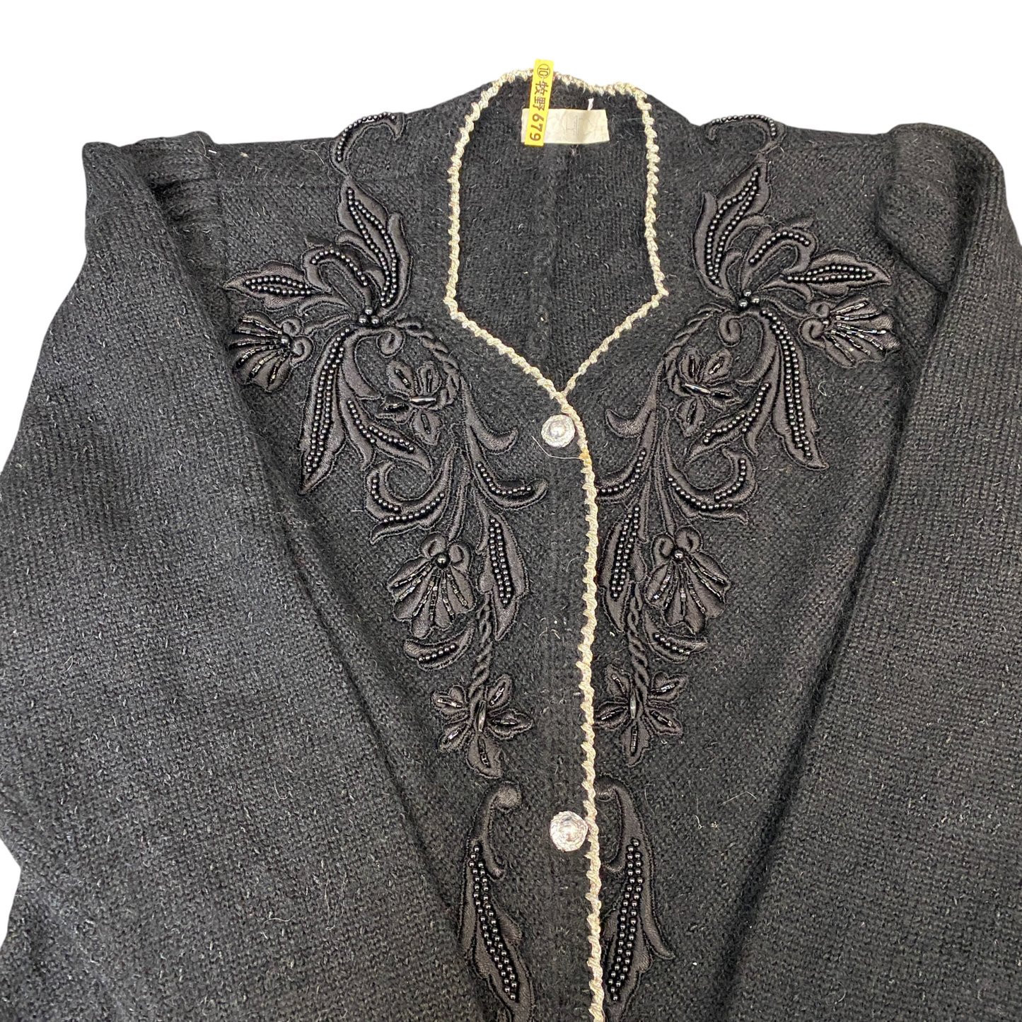 Ohhiro Cardihan Jumper Women Medium Black Beaded Floral Long Sleeve Button Front