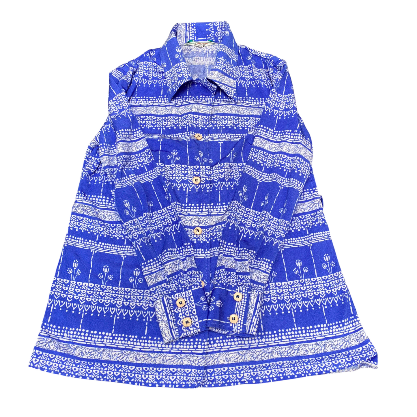 Shirt Top Womens M Blue White Floral Collared Long Sleeve Outdoor Pullover