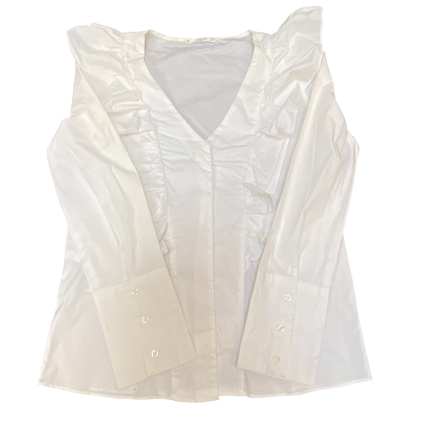 Mango Blouse Top Womens S White Ruffle Detail Long Sleeve Casual V-Neck Outdoor