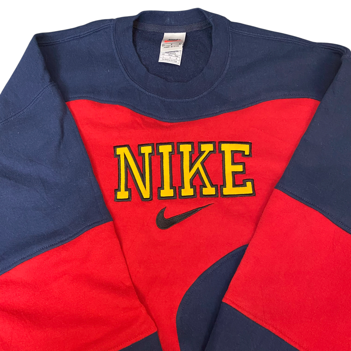 Nike Reworked Sweatshirt Mens L Navy Red Embroidered Spellout Logo Vintage Y2K
