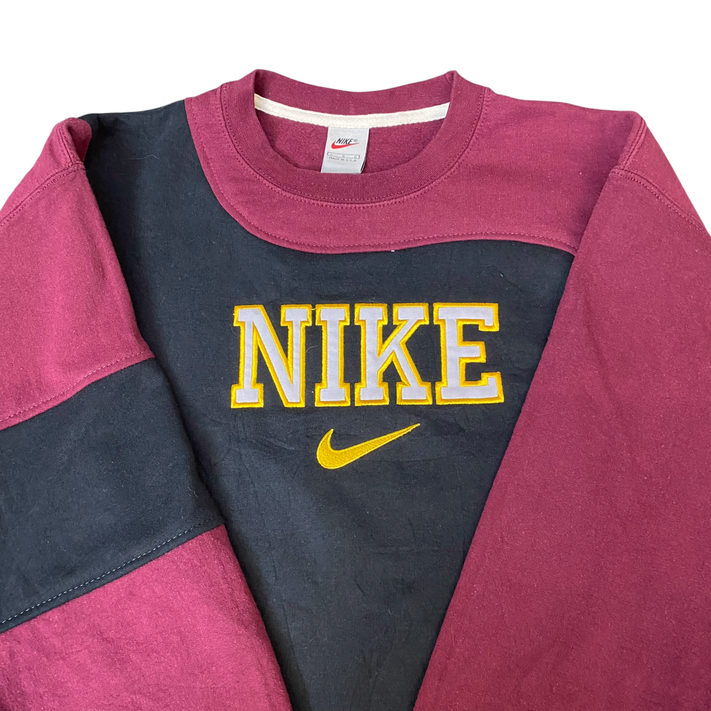 Nike Reworked Sweatshirt Mens L Black Burgundy Embroidered Spellout Logo Vtg Y2K