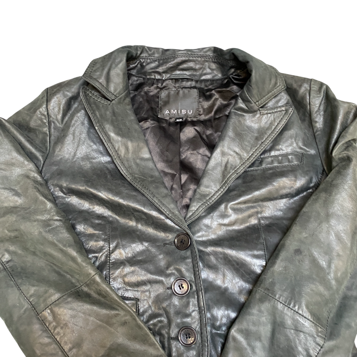 Amisu Leather Blazer Jacket Womens Small Black Lined Long Sleeve Single Breasted