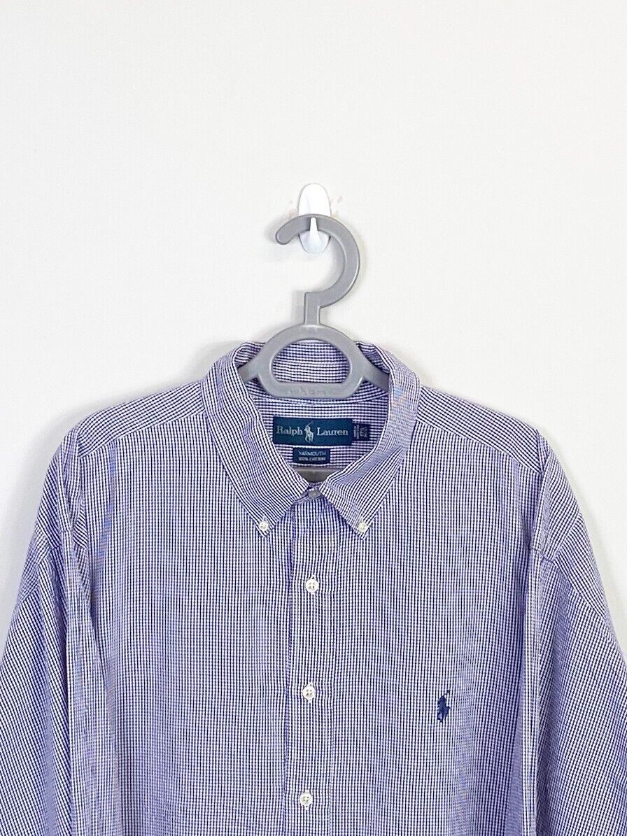 Ralph Lauren Dress Shirt Mens 2XL Blue Check Yarmouth Small Blue Polo Pony Logo