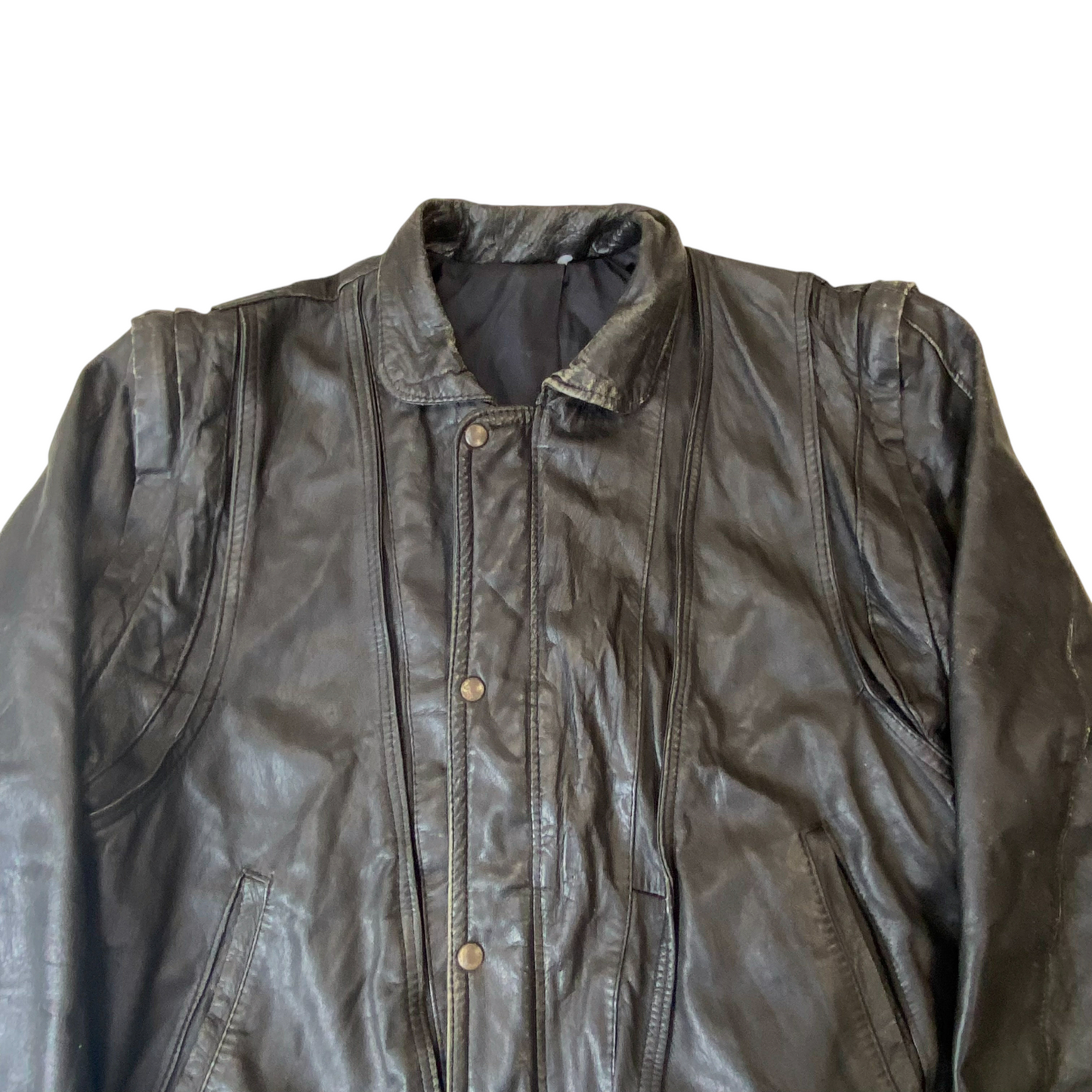 Jacket Mens Large Black Genuine Leather Pockets Long Sleeve Collared Snap Front