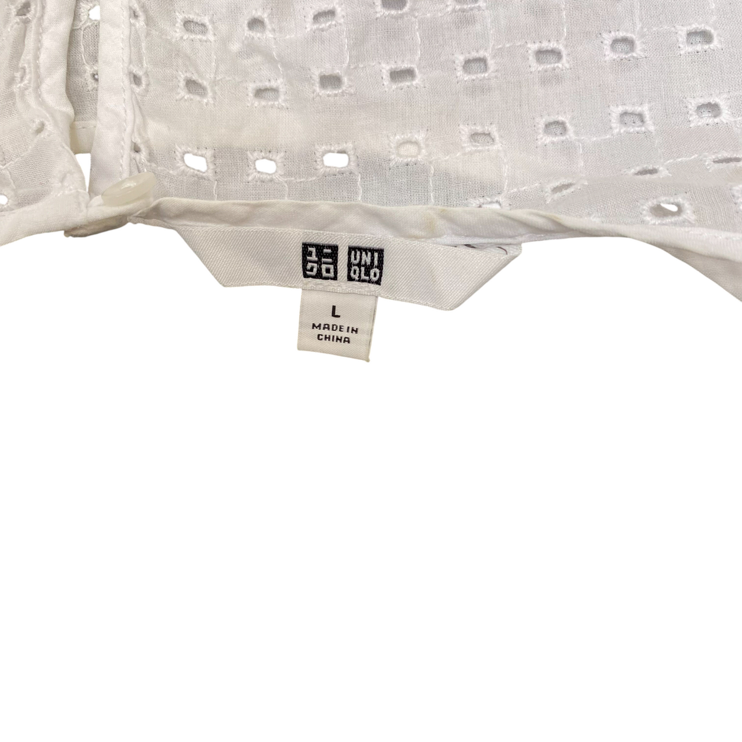 Uniqlo Blouse Top Womens L White Eyelet Long Sleeve Boat Neck Keyhole Back