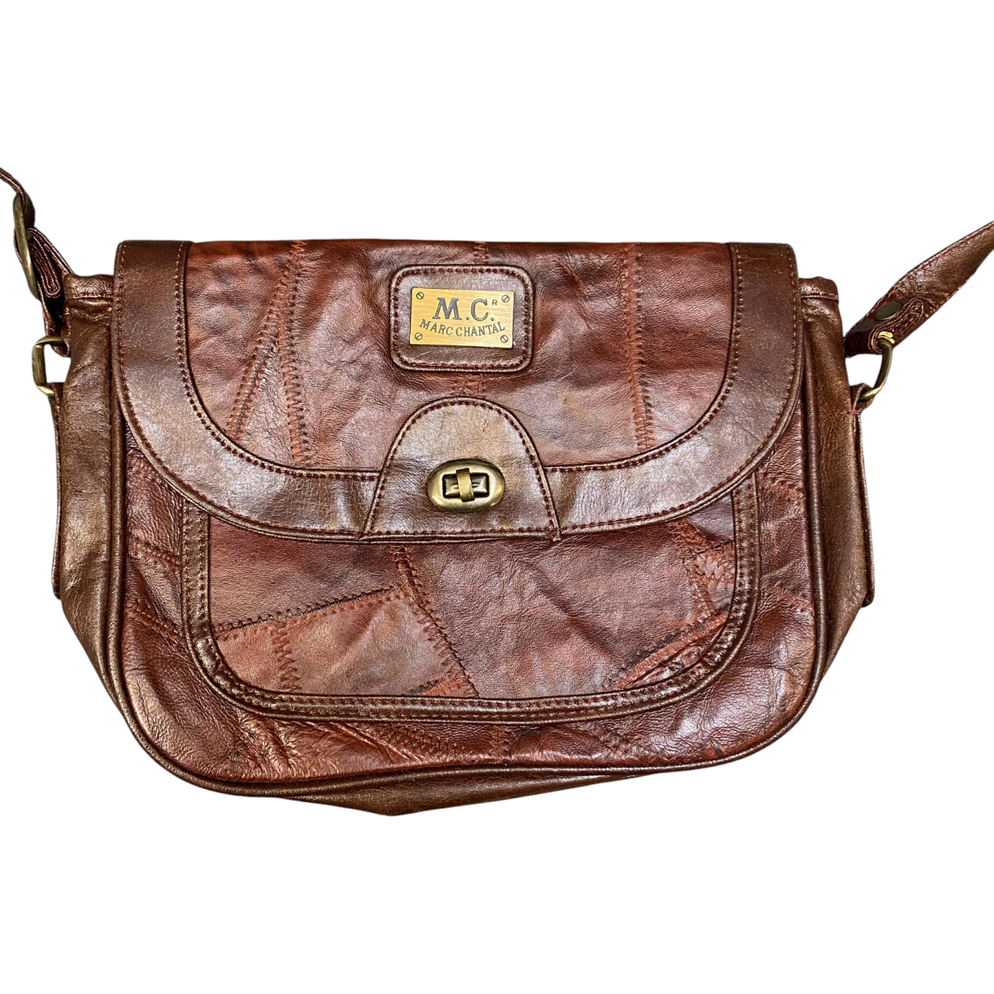 Vintage Marc Chantal Shoulder Bag Women Brown Patchwork Leather Adjustable Strap