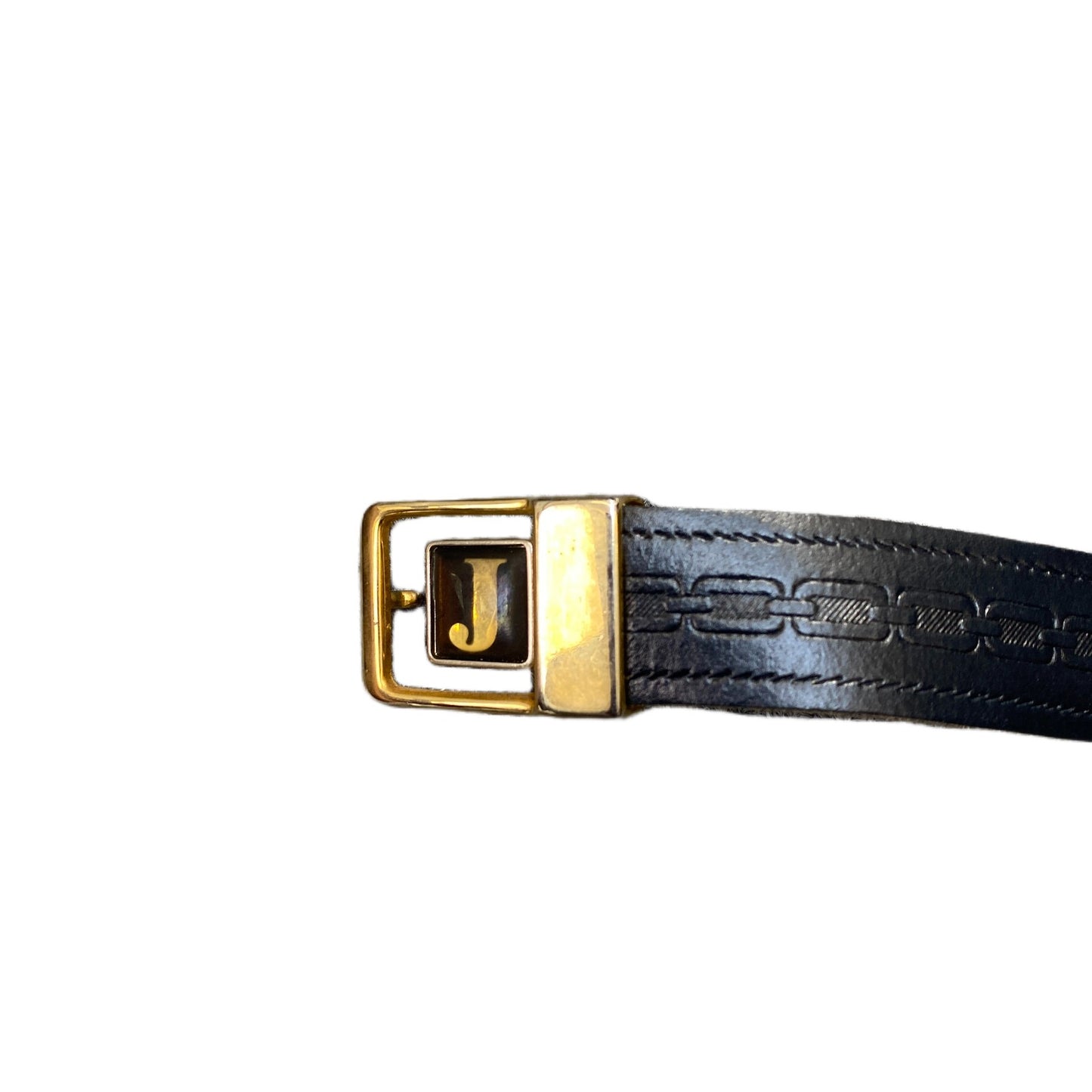 Waist Belt Mens Black Leather Adjustable J Logo Gold Tone Buckle 44 Inches