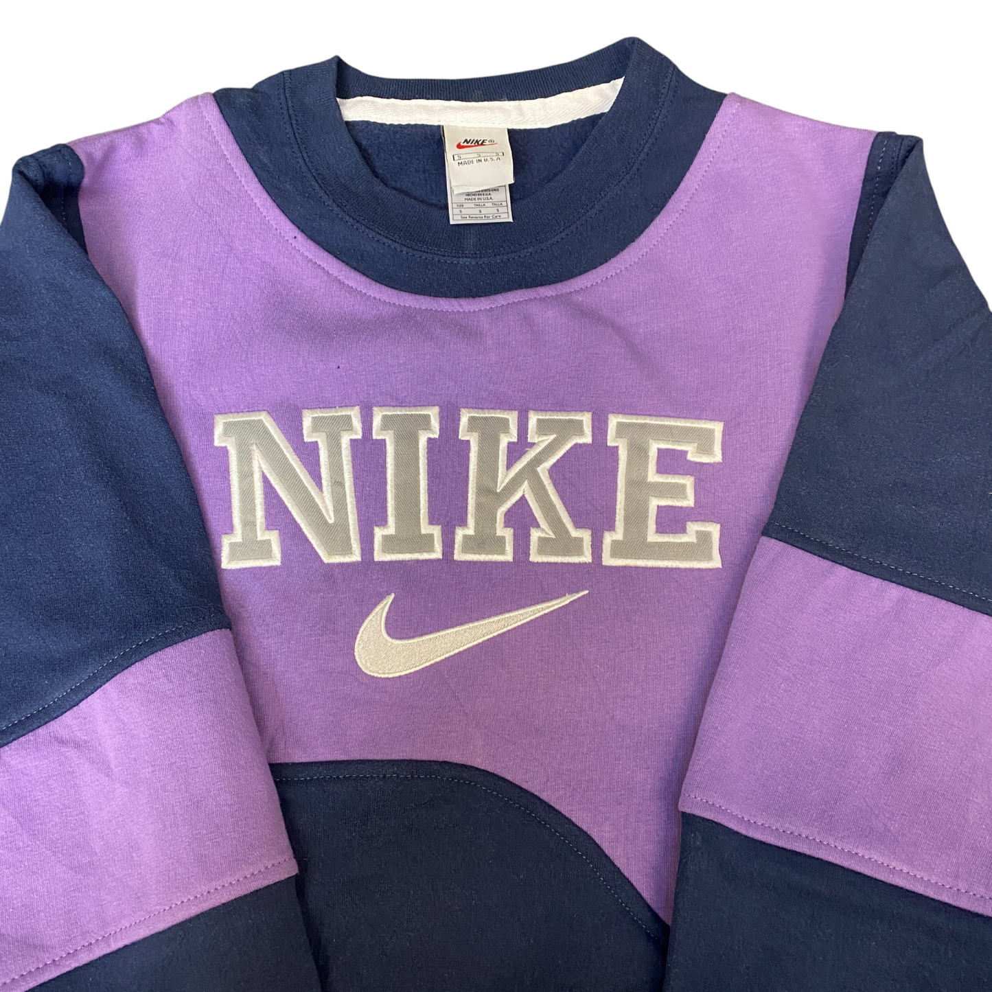 Nike Reworked Sweatshirt Mens S Navy Purple Embroidered Spellout Logo Vtg Y2K