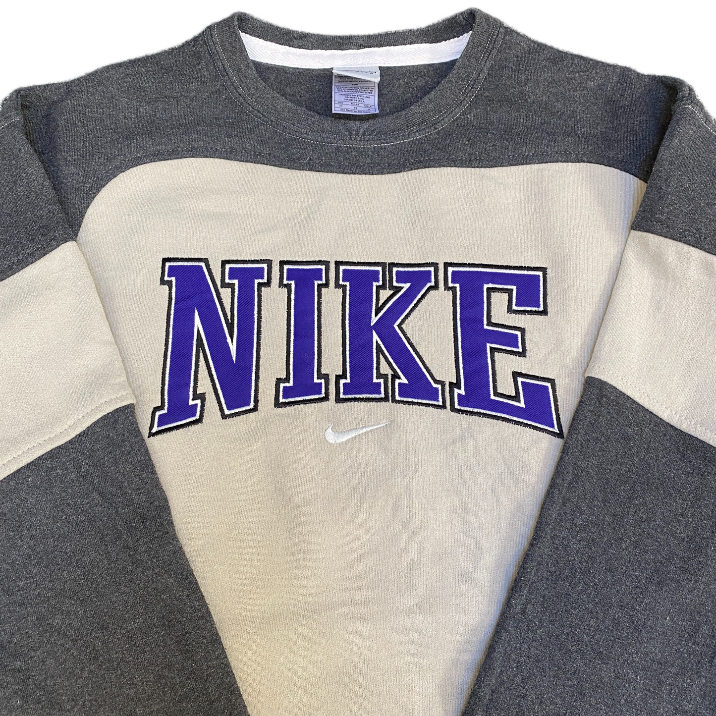 Nike Reworked Sweatshirt Mens M Ivory Grey Embroidered Spellout Logo Vintage Y2K