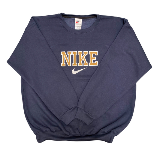 Nike Reworked Sweatshirt Men's L Blue Navy Embroidered Spellout Logo Crew Neck