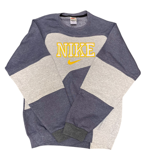 Nike Reworked Sweatshirt Mens Small Grey Embroidered Spell Out Logo Crew Neck