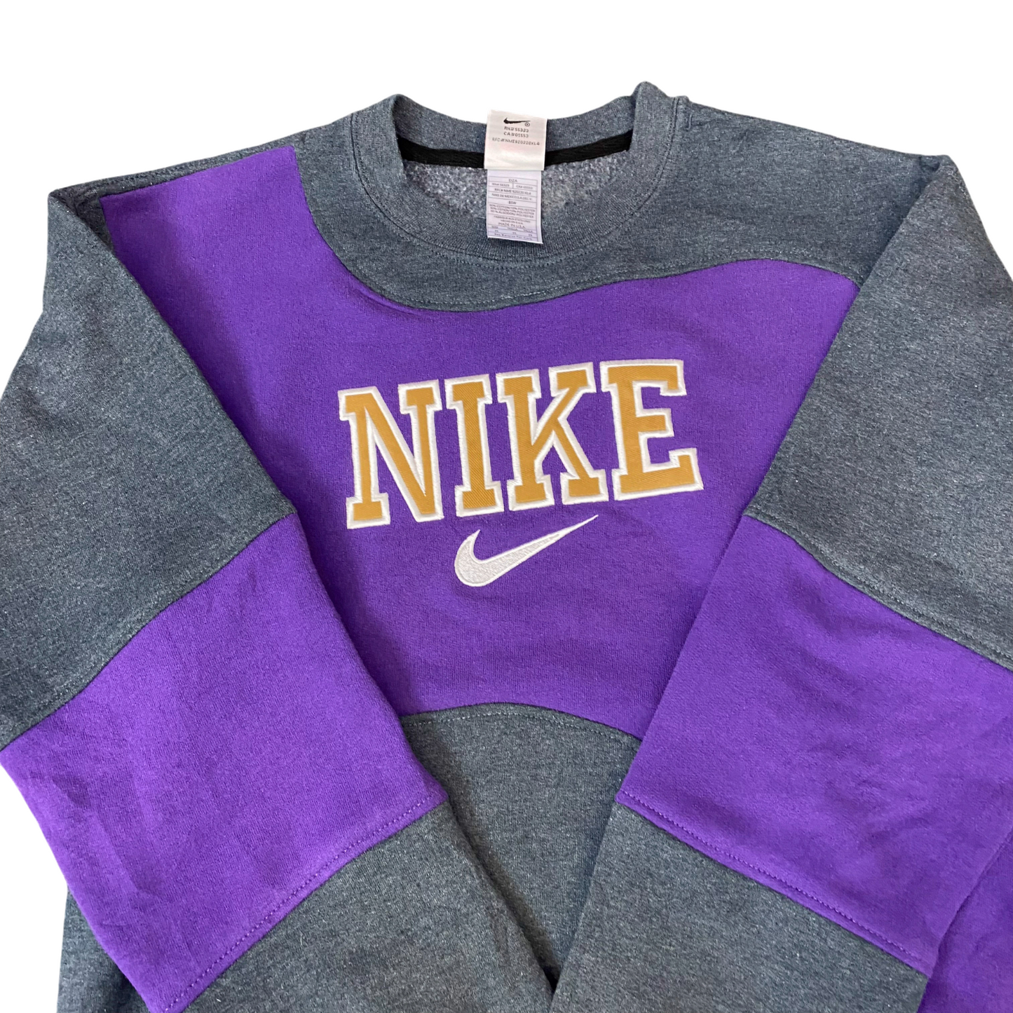 Nike Reworked Sweatshirt Mens Medium Grey Purple Embroidered Spell Out Logo Y2K