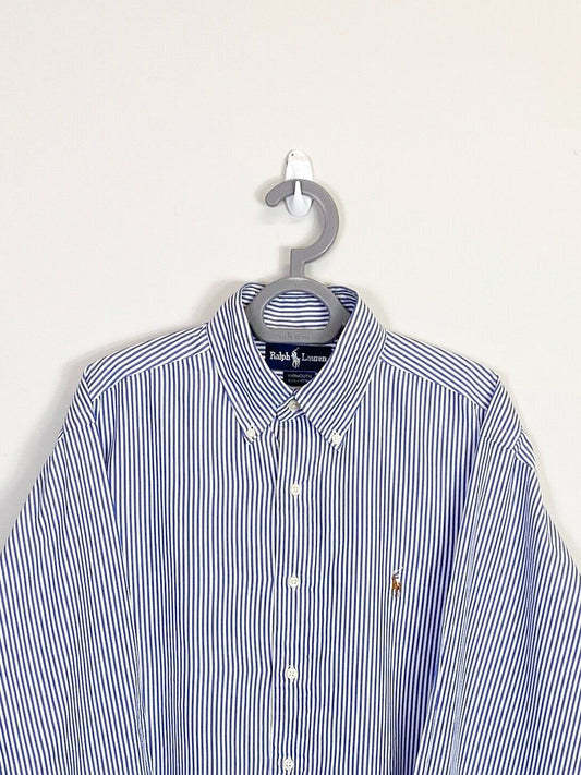 Ralph Lauren Dress Shirt Men XL Blue Stripe Yarmouth Cotton Brown Polo Pony Logo