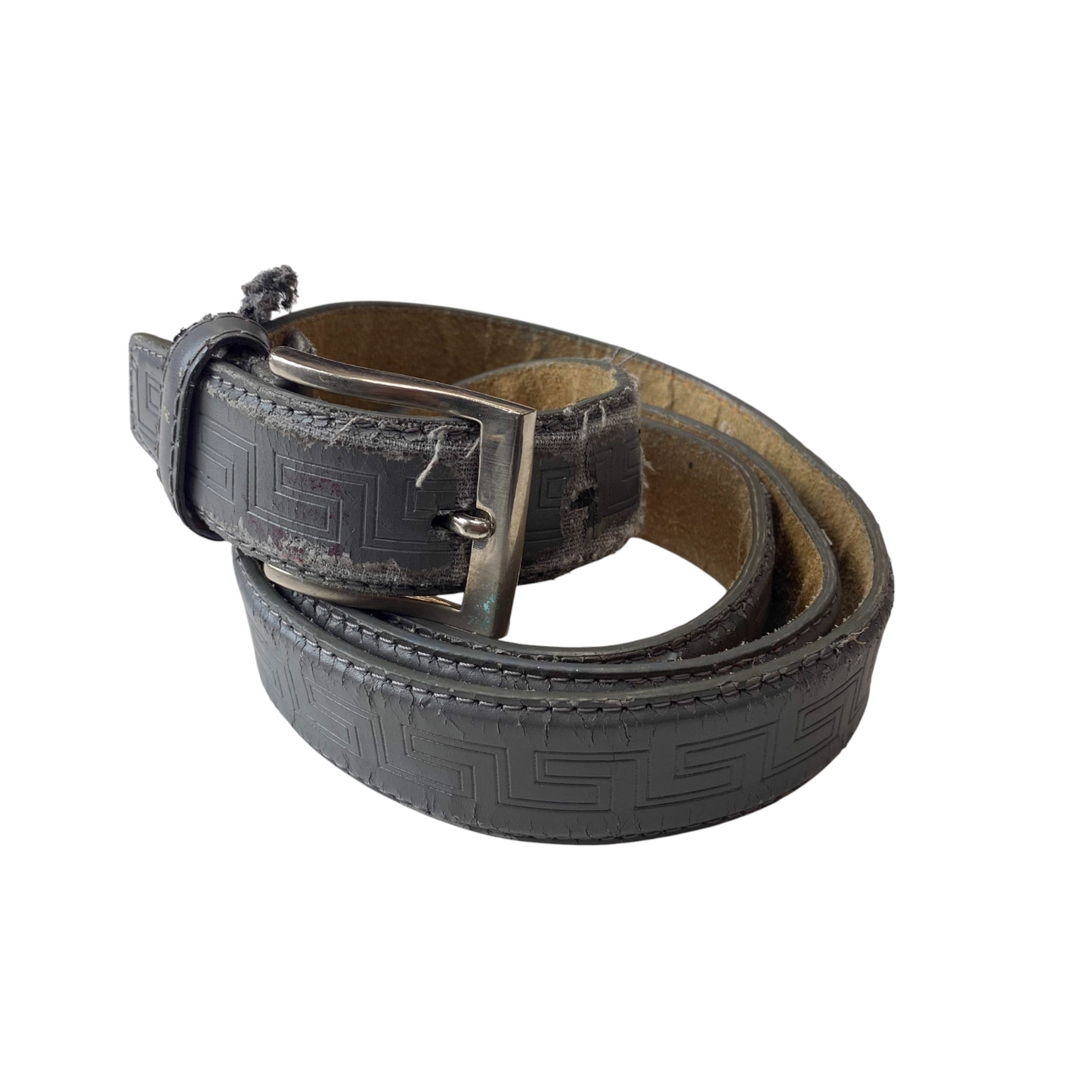 Men's Black Leather Waist Belt Geometric Embossed Silver Buckle Size 50 in