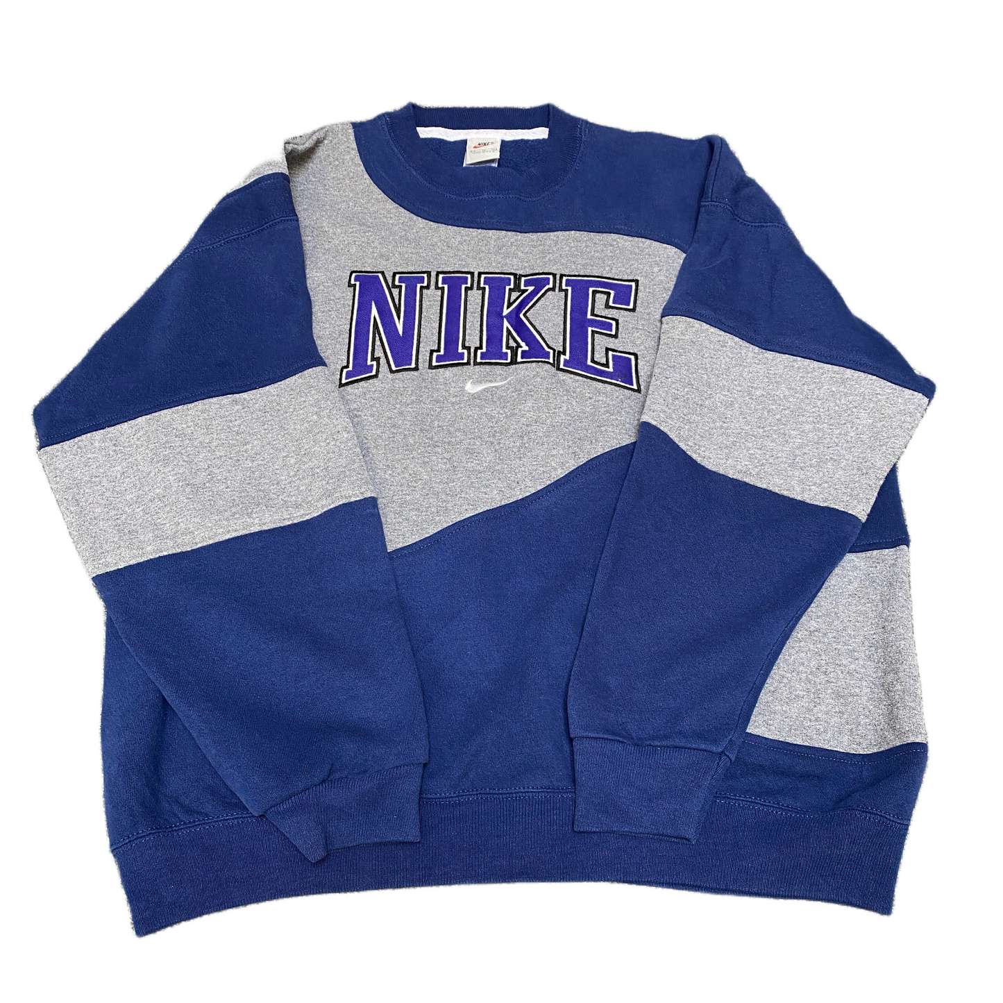 Nike Reworked Sweatshirt Mens XL Blue Grey Embroidered Spellout Logo Vintage Y2K