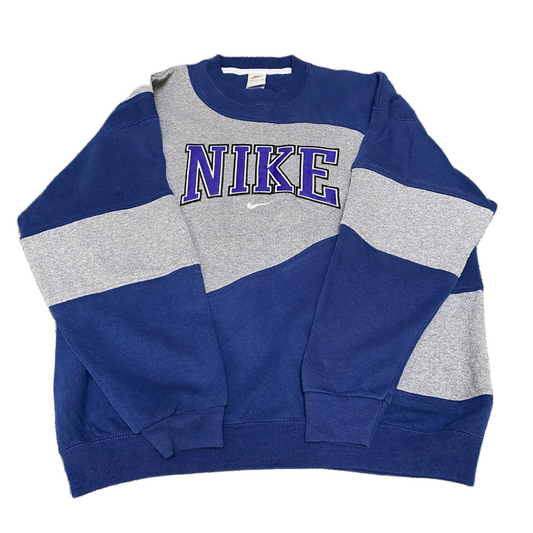 Nike Reworked Sweatshirt Mens XL Blue Grey Embroidered Spellout Logo Vintage Y2K