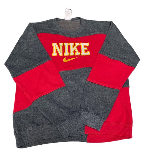 Nike Reworked Sweatshirt Mens M Red Grey Embroidered Spellout Logo Vintage Y2K