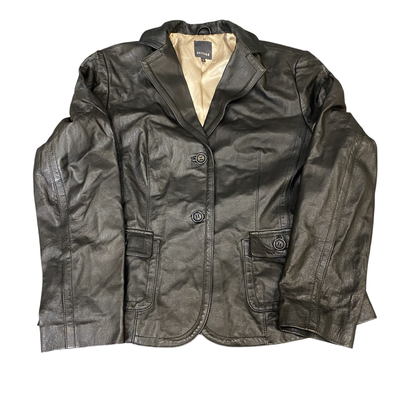 Avitano Genuine Leather Blazer Jacket Womens M Black Notch Lapel Single Breasted