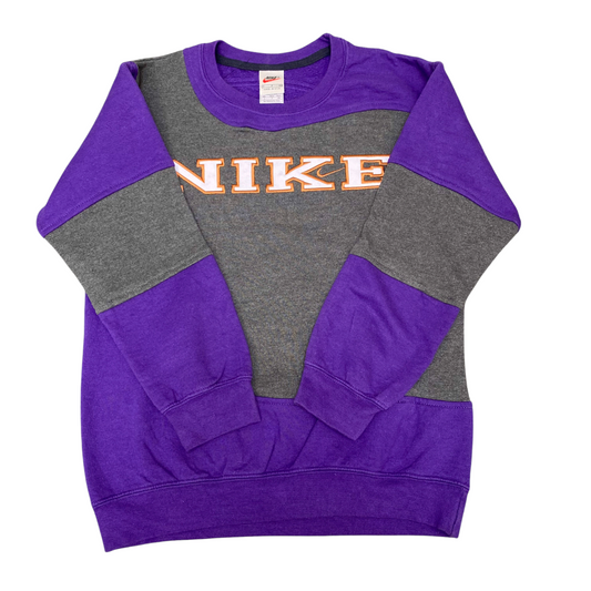 Nike Reworked Sweatshirt Mens Small Purple Grey Embroidered Spell Out Logo Y2K