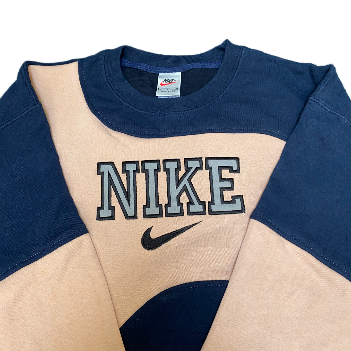 Nike Reworked Sweatshirt Mens Large Coral Navy Embroidered Spellout Logo Vtg Y2K
