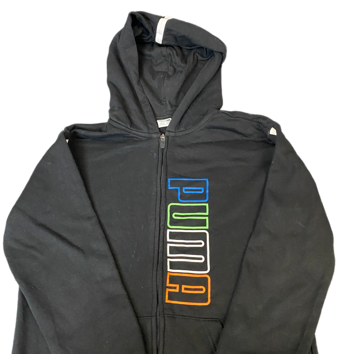 PUMA Hoodie Boys XS Black Spell Out Logo Fleece Lined Long Sleeve Full Zipper