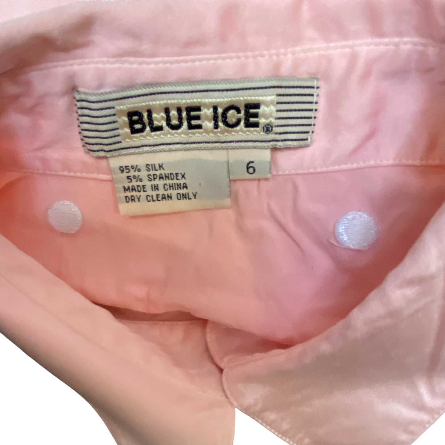 Blue Ice Shirt Top Womens M Pink Polka Dot Satin Silk Long Sleeve Button Down