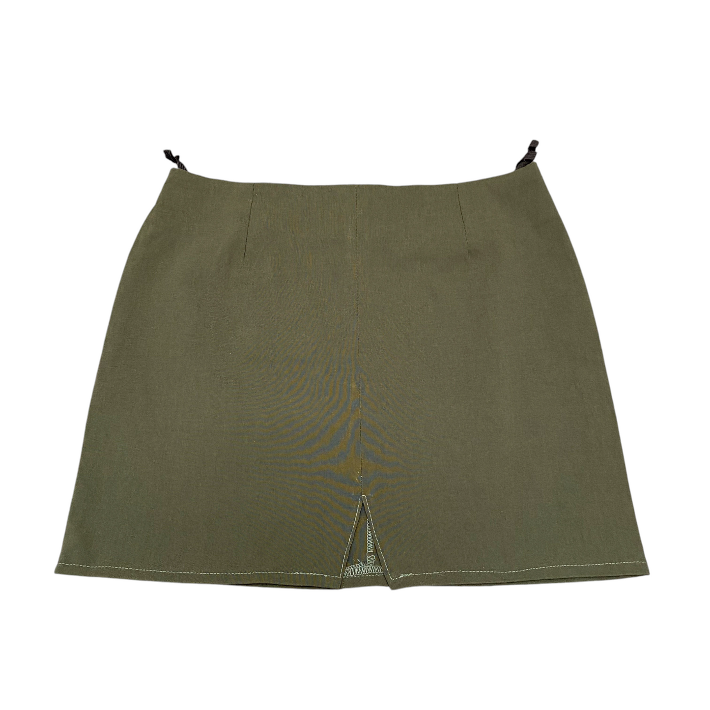 Womens Mini Skirt M Green Solid Academia Classic Casual Preppy Back Slit Pull On