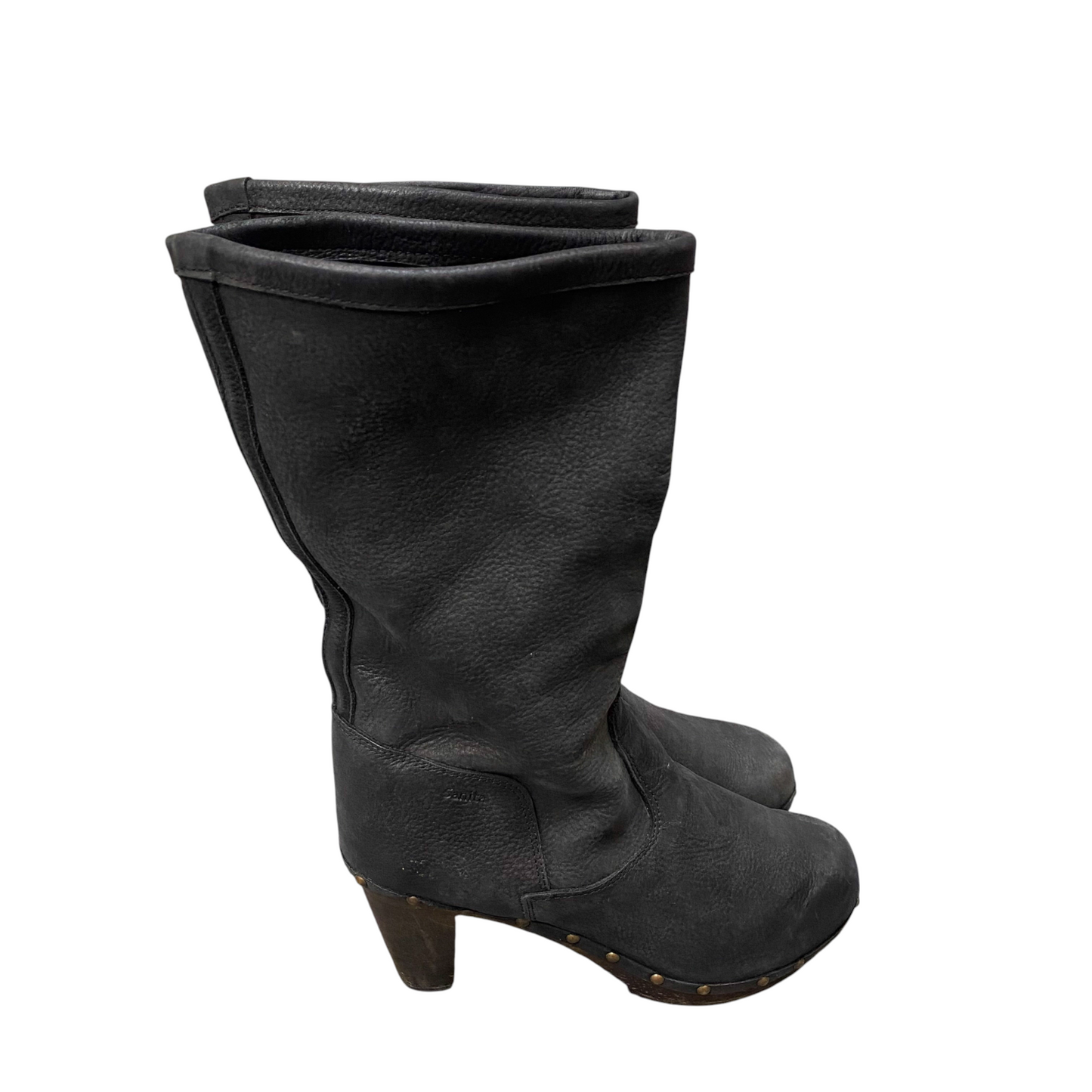 Sanita Booties Womens UK Size 7 Black Leather Studded Mid Calf Round Toe Pull On