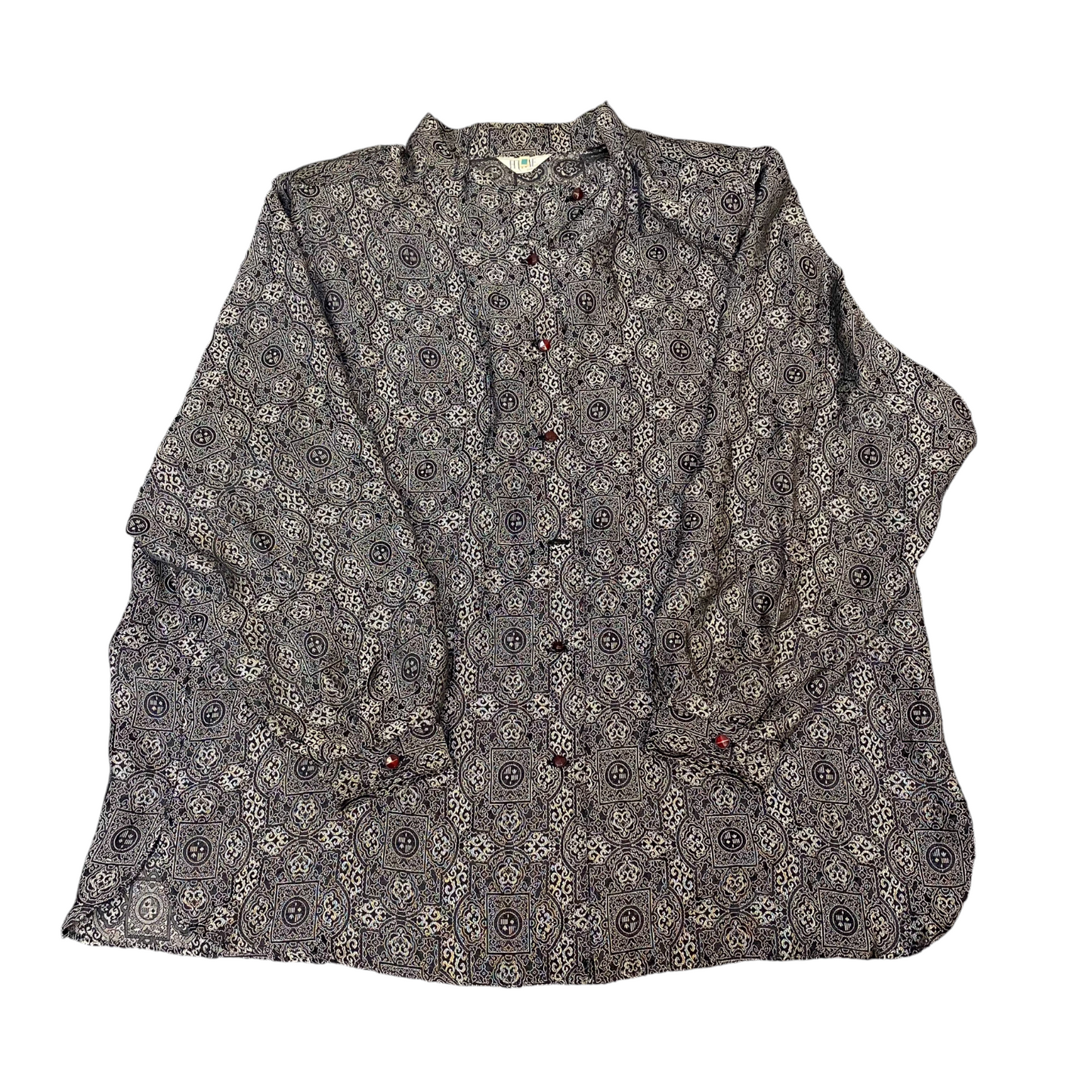 Fitme Shirt Top Womens L Black Grey Geo Print Long Sleeve Collared Button Front