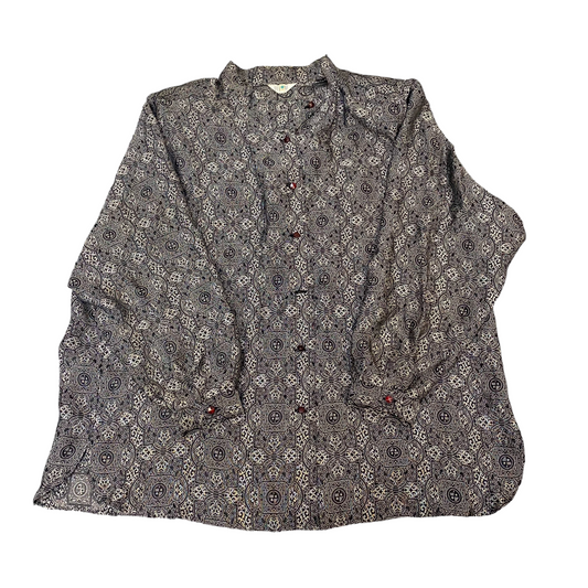 Fitme Shirt Top Womens L Black Grey Geo Print Long Sleeve Collared Button Front