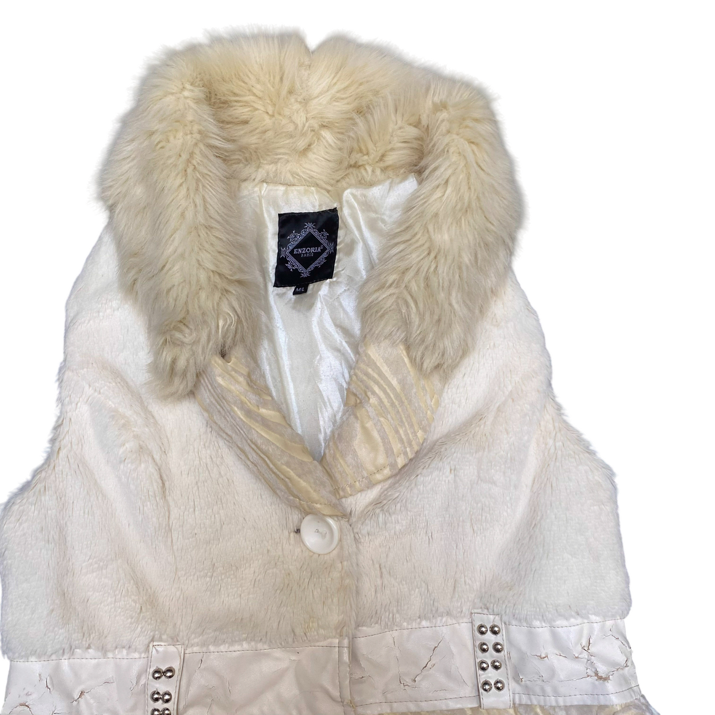 Enzoria Faux Fur Vest Womens M/L Beige Sleeveless Shawl Collar Button Front