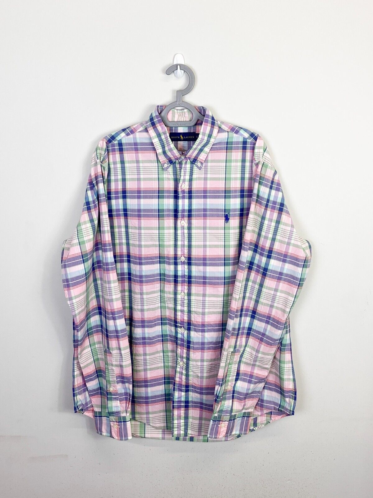 Ralph Lauren Shirt Mens Large Pink Plaid Long Sleeve Blue Small Polo Pony Logo