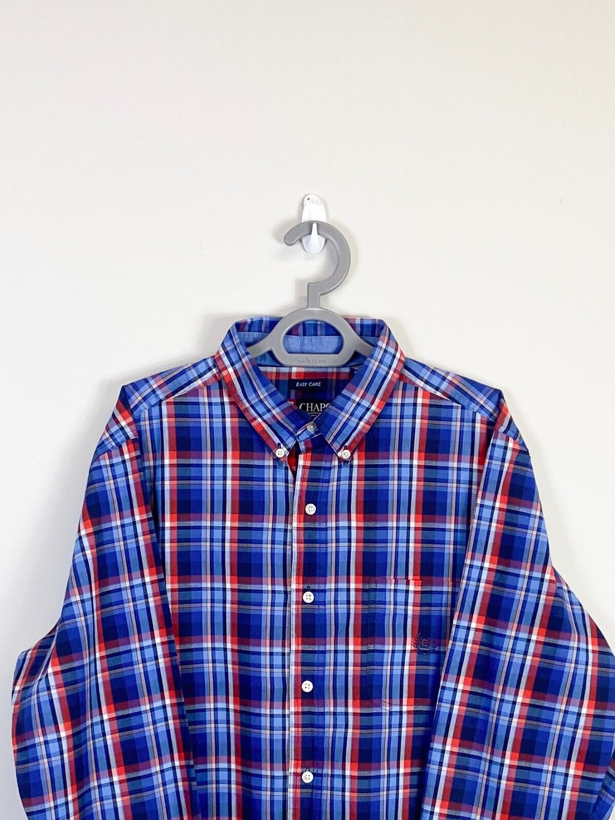 Chaps Shirt Men Large Blue Plaid Cotton Easy Care Long Sleeve Casual Button Down