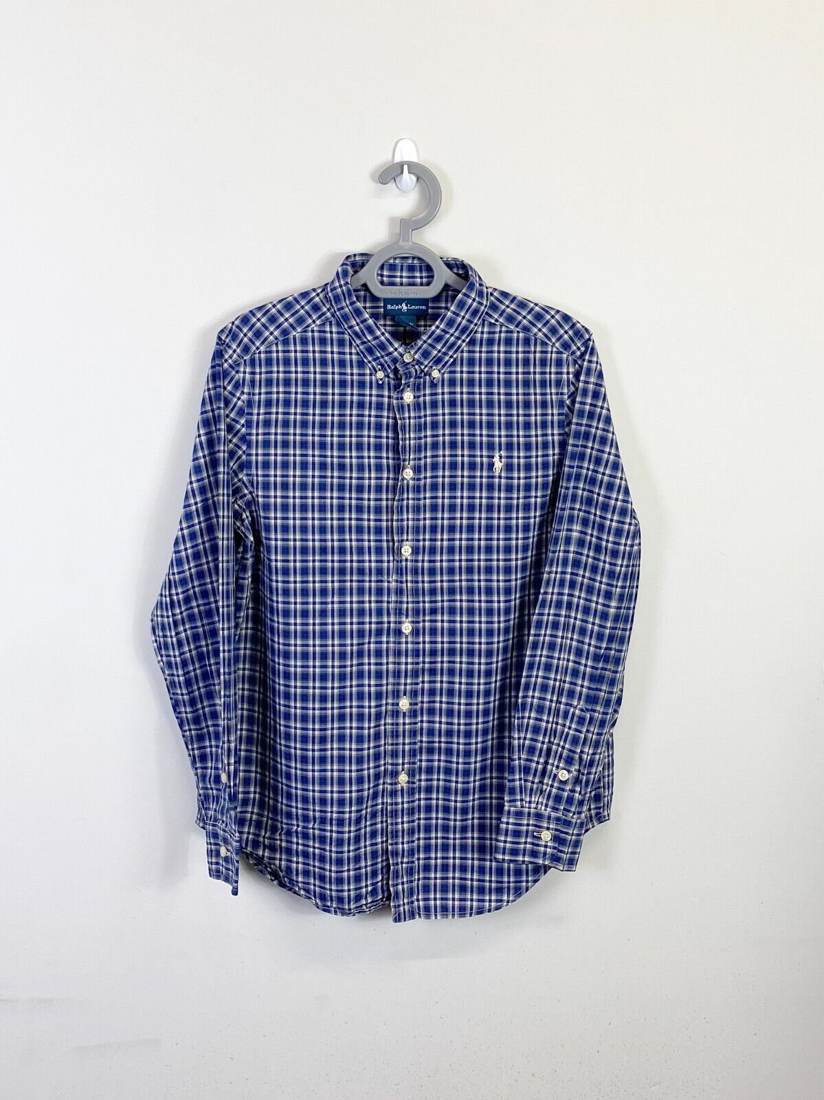 Ralph Lauren Shirt Men Large Blue Plaid Cotton Casual Small White Polo Pony Logo