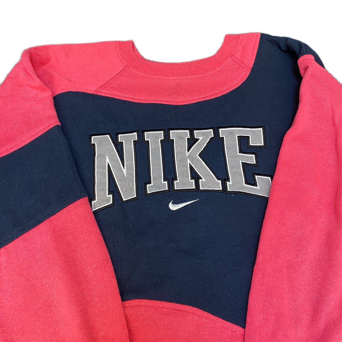 Nike Reworked Sweatshirt Mens M Navy Pink Embroidered Spellout Logo Vintage Y2K