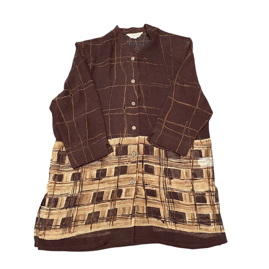 Tunic Top Womens M Brown Patterned Casual Long Sleeve Button Front Side Slit