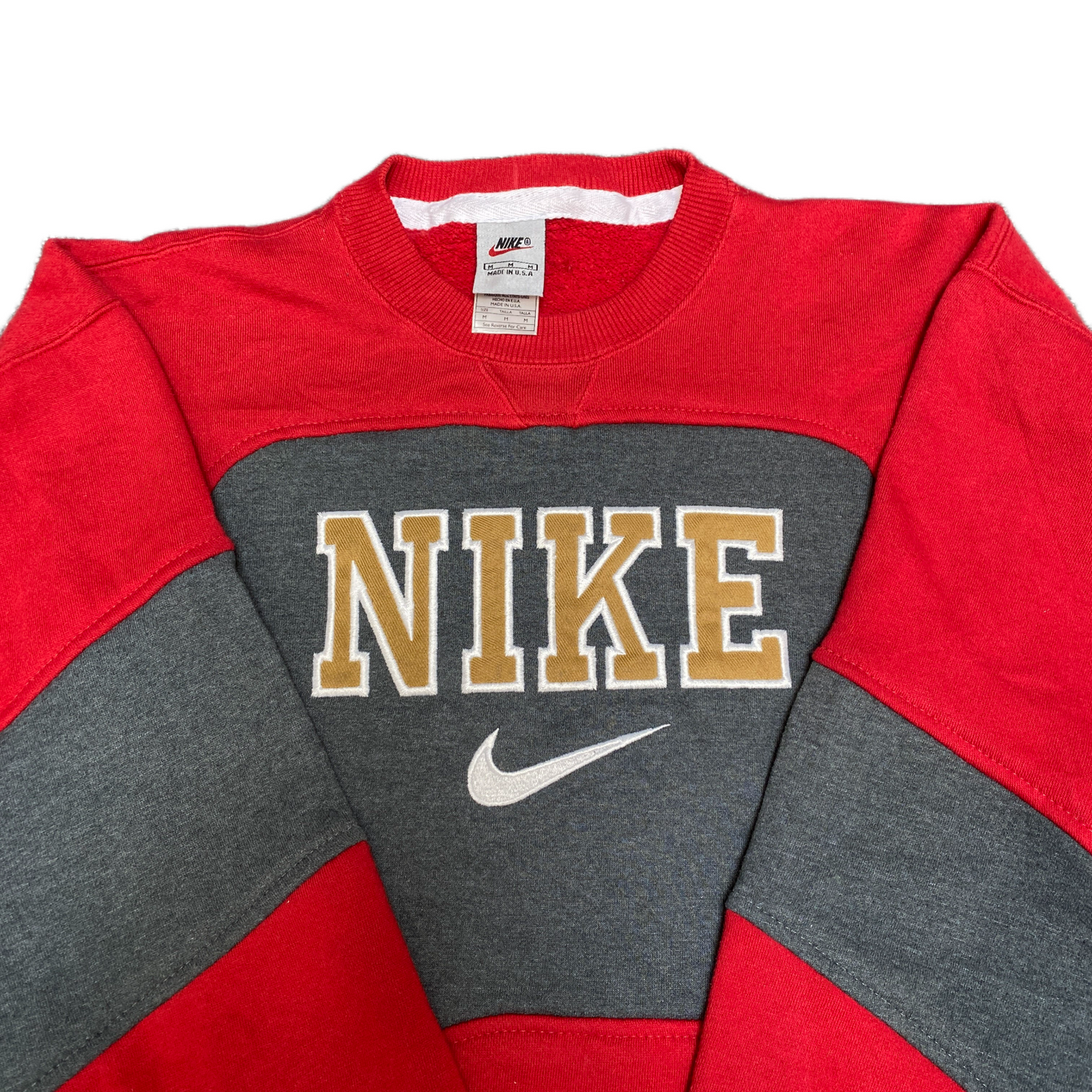 Nike Reworked Sweatshirt Mens M Red Grey Embroidered Spellout Logo Vintage Y2K