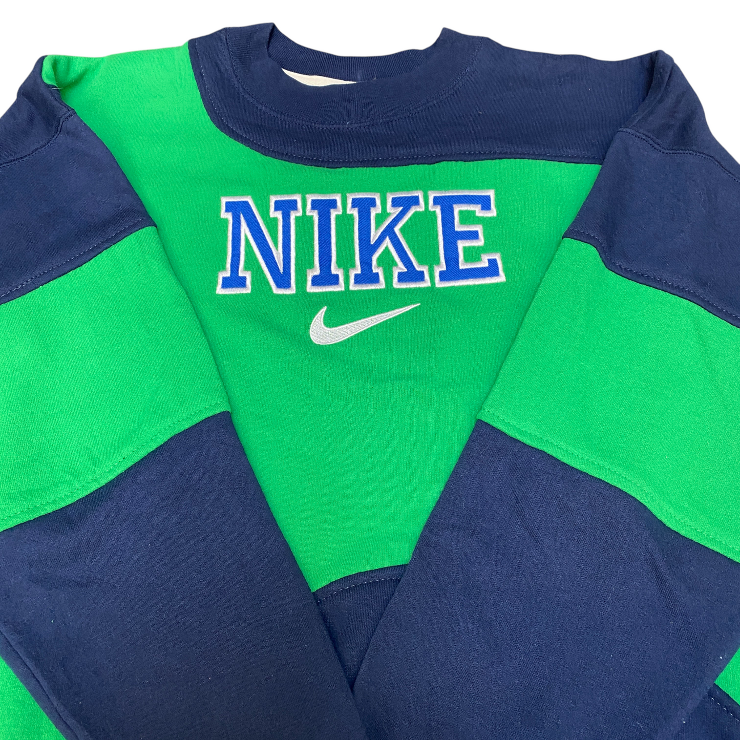 Nike Reworked Sweatshirt Mens L Navy Grey Embroidered Spellout Logo Vintage Y2K