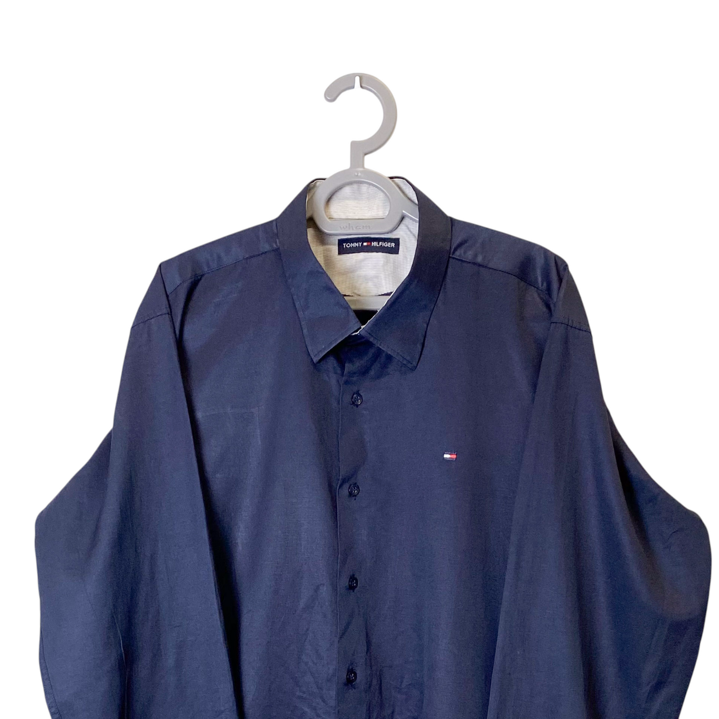 Tommy Hilfiger Shirt Mens Medium Blue Logo Long Sleeve Collar Casual Button Down