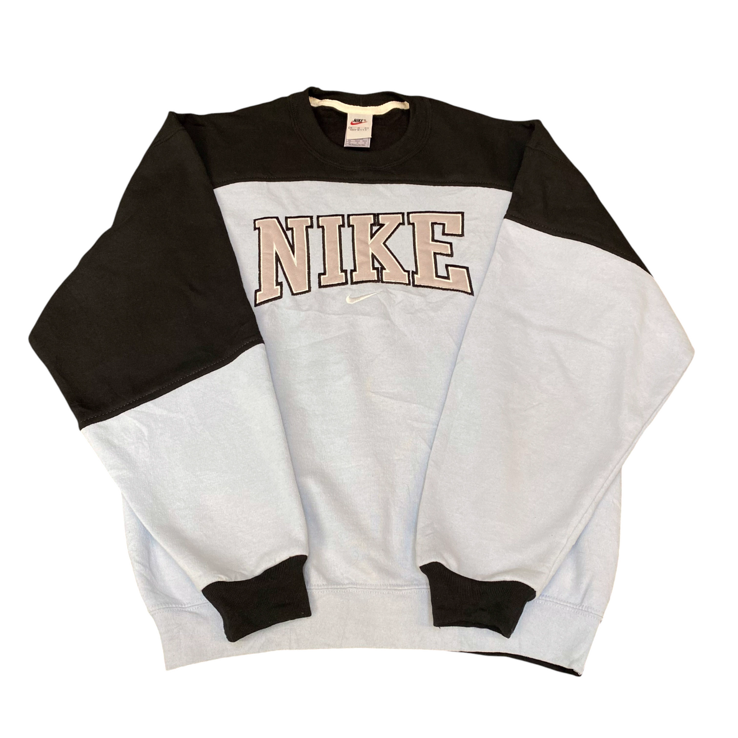 Nike Reworked Sweatshirt Mens M Blue Black Embroidered Spellout Logo Vintage Y2K